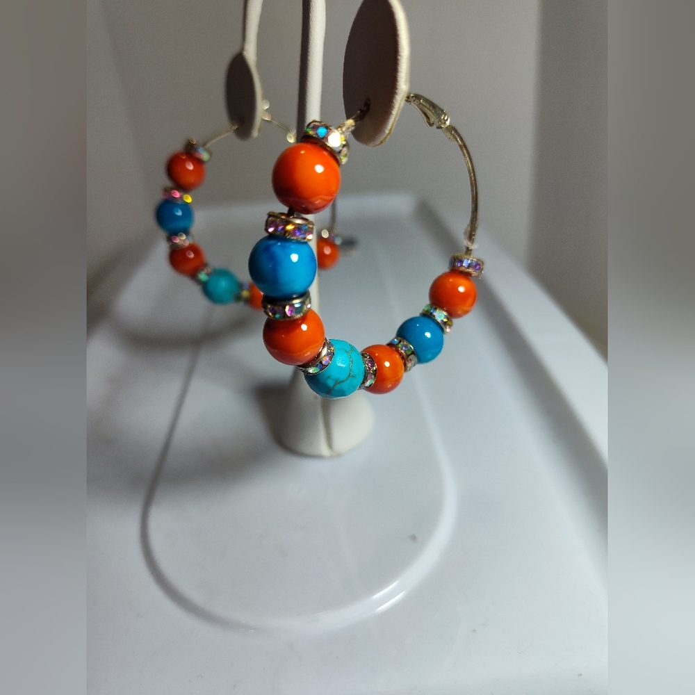 Colorful Blue Orange Turquoise Beaded Hoop Earrings